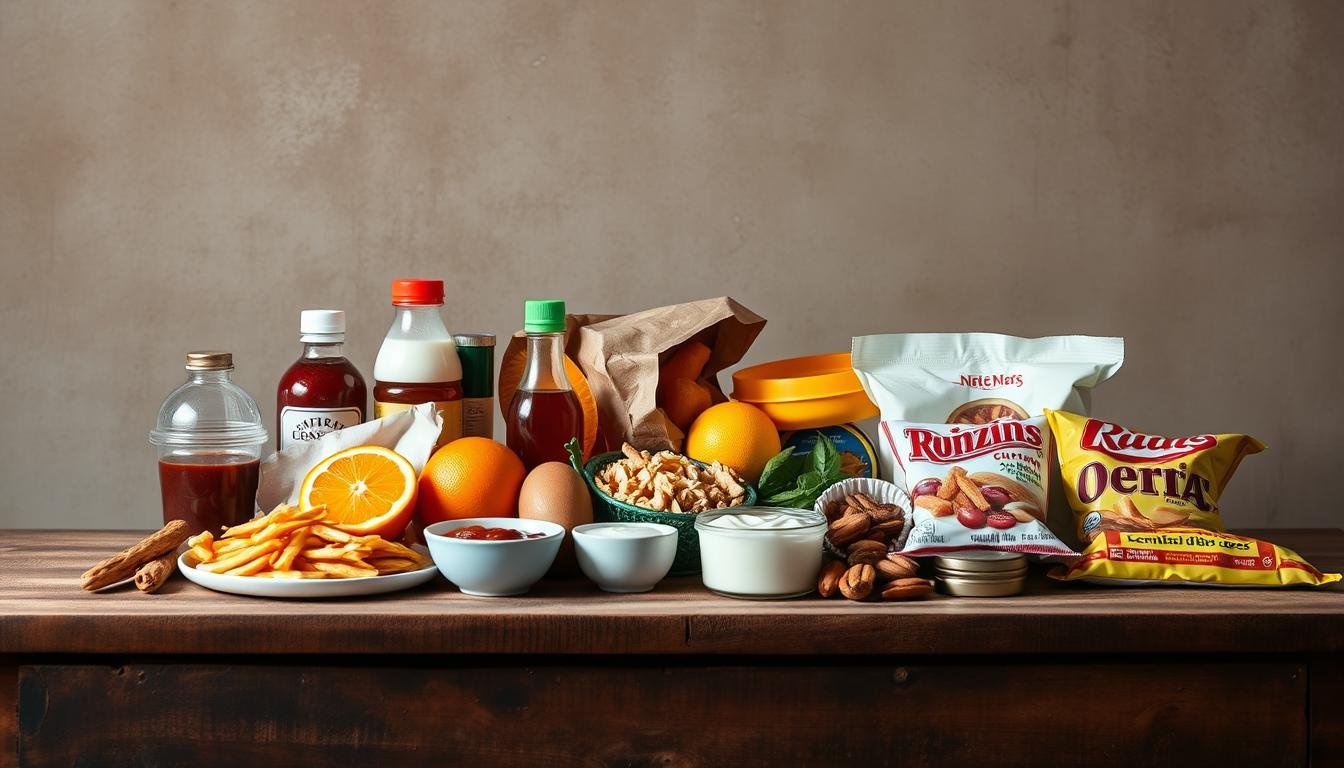 Home A still-life photograph of an assortment of common trigger foods that can upset digestion, neatly arranged on a rustic wooden table against a muted, earthy background. The items include greasy fried foods, spicy condiments, acidic citrus fruits, dairy products, and heavily processed snacks. The lighting is soft and natural, casting gentle shadows and highlighting the textures of the foods. The overall tone is subdued and thoughtful, conveying the importance of being mindful of one's dietary triggers for better gut health.