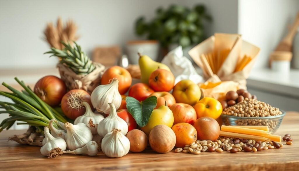 A stylized still life depicting a selection of high-FODMAP foods to avoid for a healthier gut. In the foreground, a variety of fresh produce including onions, garlic, apples, pears, and stone fruits are arranged artfully on a wooden table. In the middle ground, some processed foods like wheat bread, pasta, and legumes are shown. The background is softly blurred, hinting at a clean, minimalist kitchen setting with natural light filtering in from the side. The overall mood is one of a considered, educational presentation, with a focus on the visual appeal of the foods themselves.