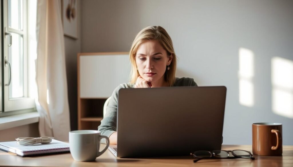 A thoughtful woman in her 30s sits at a desk, focused on a laptop with a serene expression. Soft natural light filters through a nearby window, casting a warm glow on her face. Surrounding her are symbols of attentive habits - a planner, a steaming mug, and a pair of reading glasses. The overall scene conveys a sense of mindfulness and discipline, underscoring the strategies required to maintain mental sharpness and energy after 35.