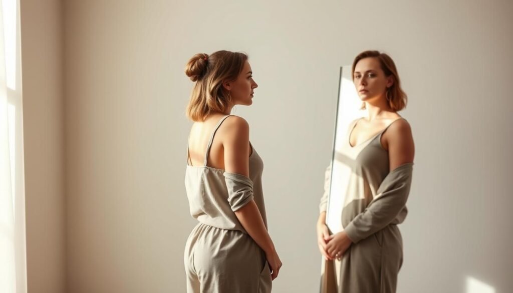 A thoughtful woman stands in a serene, sun-dappled room, contemplating her body in a full-length mirror. She wears a loose, comfortable outfit that flatters her natural form. Her expression is one of quiet introspection, as she examines herself with a compassionate, non-judgmental gaze. The lighting is soft and diffused, creating a warm, calming atmosphere. The background is minimalist, with clean lines and muted tones, allowing the focus to remain on the woman's personal journey of self-acceptance. This scene captures the essence of understanding one's body image in a holistic, empowering way.