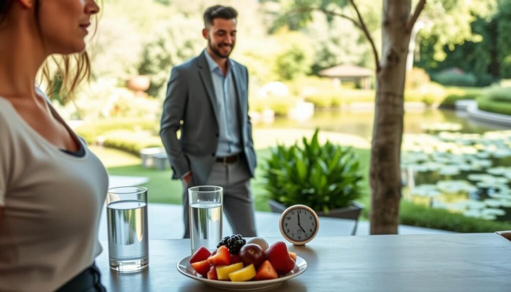 A tranquil scene depicting various intermittent fasting methods. In the foreground, a woman in casual attire stands beside a table with a glass of water and a plate of fresh fruits. In the middle ground, a man in business casual wears a smartwatch, symbolizing the time-restricted eating approach. In the background, a peaceful garden with lush greenery and a serene pond creates a calming atmosphere. The lighting is soft and natural, accentuating the serene mood. The composition is balanced, with the subjects positioned in a way that draws the viewer's attention to the diverse intermittent fasting methods.
