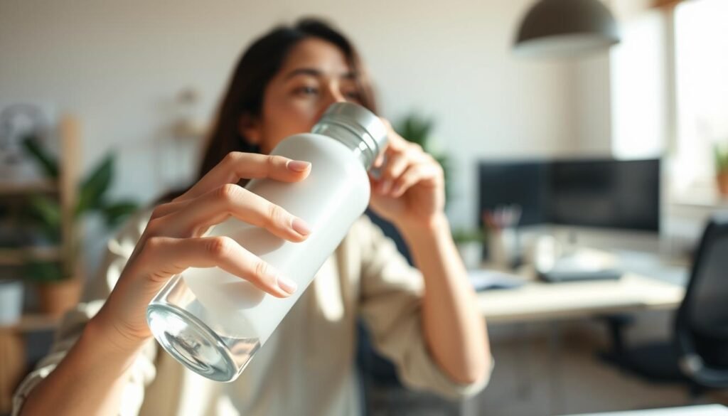 A tranquil scene of a person mindfully hydrating throughout the day. The foreground depicts a person's hands holding a minimalist, contemporary water bottle with a clean, matte finish. The middle ground shows the person taking a sip, their face serene and focused. The background is a softly blurred, sun-dappled office space, hinting at a productive yet balanced workday. Natural lighting casts a warm, calming glow, complemented by the muted color palette of neutrals and blues. The overall mood is one of intentional self-care, encouraging the viewer to make staying hydrated a seamless part of their daily routine. A tranquil scene of a person mindfully hydrating throughout the day. The foreground depicts a person's hands holding a minimalist, contemporary water bottle with a clean, matte finish. The middle ground shows the person taking a sip, their face serene and focused. The background is a softly blurred, sun-dappled office space, hinting at a productive yet balanced workday. Natural lighting casts a warm, calming glow, complemented by the muted color palette of neutrals and blues. The overall mood is one of intentional self-care, encouraging the viewer to make staying hydrated a seamless part of their daily routine.