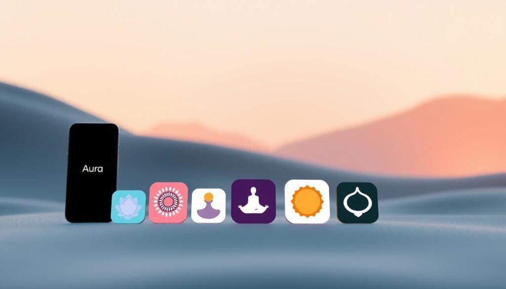 A tranquil scene of meditation apps presented on a serene digital landscape. In the foreground, a collection of stylized smartphone icons representing popular meditation apps like Aura, Happier, Breethe, Mindwell, and Sattva, arranged in a harmonious composition. The middle ground features soft-lit, abstract shapes and gradients, evoking a sense of calm and introspection. The background is a subtly textured, muted color palette, with gentle lighting that casts a warm, contemplative glow over the entire scene. The overall mood is one of serenity, focus, and the promise of personalized journeys to help women relax and find inner peace.