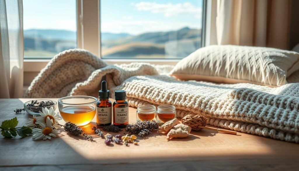 A tranquil scene of natural sleep remedies laid out on a wooden surface, softly illuminated by natural light filtering through sheer curtains. In the foreground, an assortment of herbal teas, essential oils, and dried flowers such as chamomile, lavender, and valerian root. In the middle ground, a cozy knitted blanket and plush pillow, evoking a sense of comfort and relaxation. The background features a serene landscape visible through the window, with rolling hills and a calming blue sky. The overall mood is one of peace, harmony, and a gentle invitation to unwind and restore.