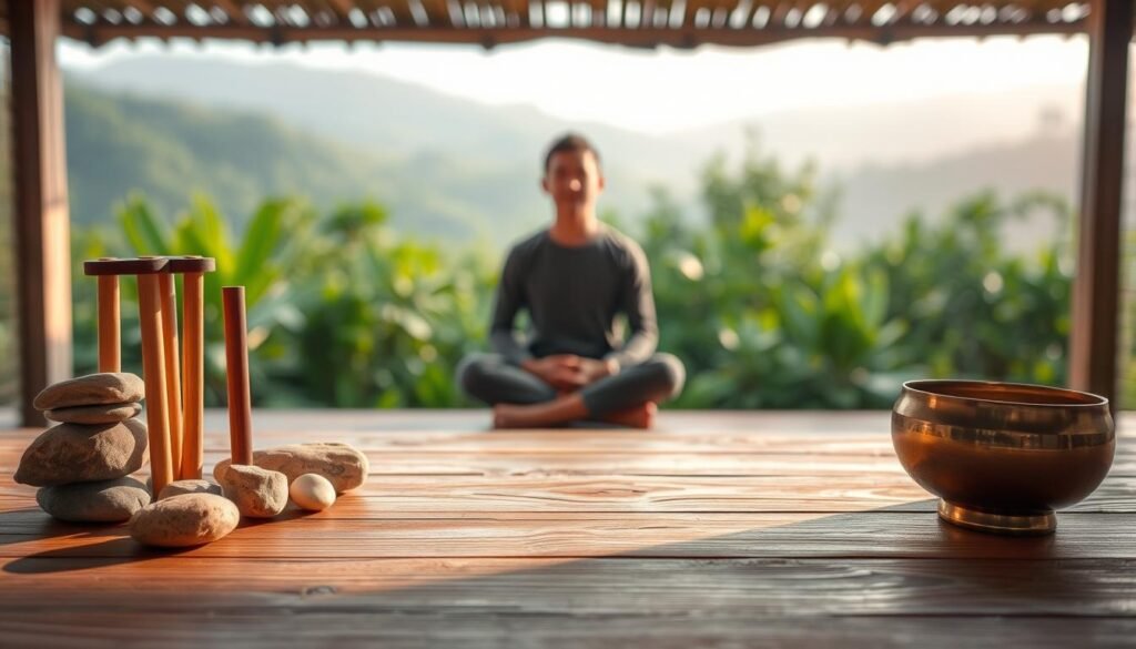 A tranquil soundscape with a meditative focus. In the foreground, an array of natural objects like smooth stones, wooden chimes, and a brass singing bowl sit atop a minimalist wooden surface, bathed in warm, diffused lighting. In the middle ground, a person in full clothing sits cross-legged, eyes closed, their face radiating a sense of inner calm. The background is a soft, blurred landscape of lush greenery, hinting at a serene, secluded setting. The overall composition conveys a feeling of contemplation, harmony, and mental clarity.