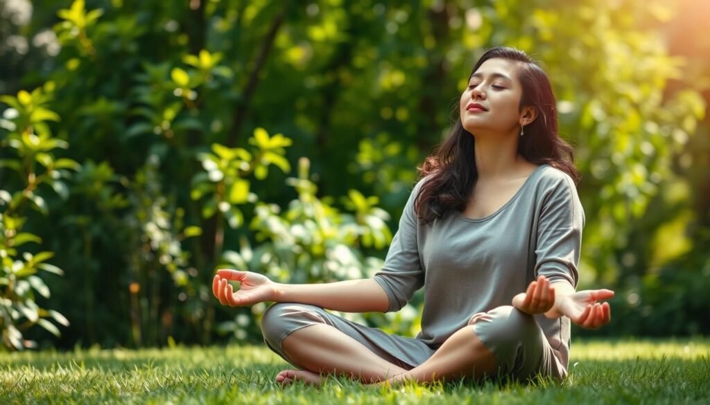 A tranquil, sun-dappled garden scene, with a woman sitting cross-legged on the grass, eyes closed in meditation. Her face is serene, exuding a sense of inner peace and self-acceptance. The background is lush with verdant foliage, creating a soothing, nurturing environment. Soft, diffused lighting bathes the scene, evoking a calming, introspective mood. The woman wears modest, comfortable clothing that allows for easy movement and reflection. This image conveys the restorative power of self-compassion, a vital practice for women to cultivate resilience and overcome exhaustion and shame.