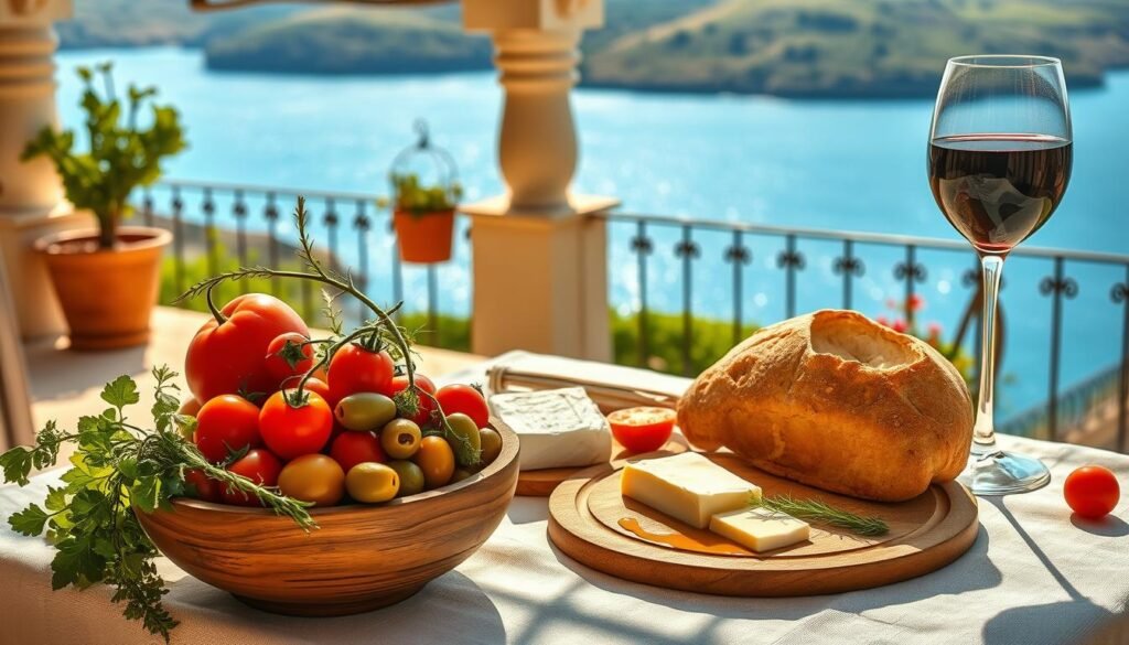 A vibrant Mediterranean-style scene with a rustic table adorned with a linen tablecloth, fresh produce, and a glass of red wine. In the foreground, a wooden bowl overflows with ripe tomatoes, olives, and aromatic herbs. The middle ground features a crusty loaf of bread, a wedge of creamy feta, and a drizzle of golden olive oil. In the background, a sun-drenched terrace overlooks a sparkling azure sea and lush rolling hills. The lighting is warm and golden, casting a gentle glow over the scene. The atmosphere is one of simplicity, healthfulness, and the joy of good living. A vibrant Mediterranean-style scene with a rustic table adorned with a linen tablecloth, fresh produce, and a glass of red wine. In the foreground, a wooden bowl overflows with ripe tomatoes, olives, and aromatic herbs. The middle ground features a crusty loaf of bread, a wedge of creamy feta, and a drizzle of golden olive oil. In the background, a sun-drenched terrace overlooks a sparkling azure sea and lush rolling hills. The lighting is warm and golden, casting a gentle glow over the scene. The atmosphere is one of simplicity, healthfulness, and the joy of good living.