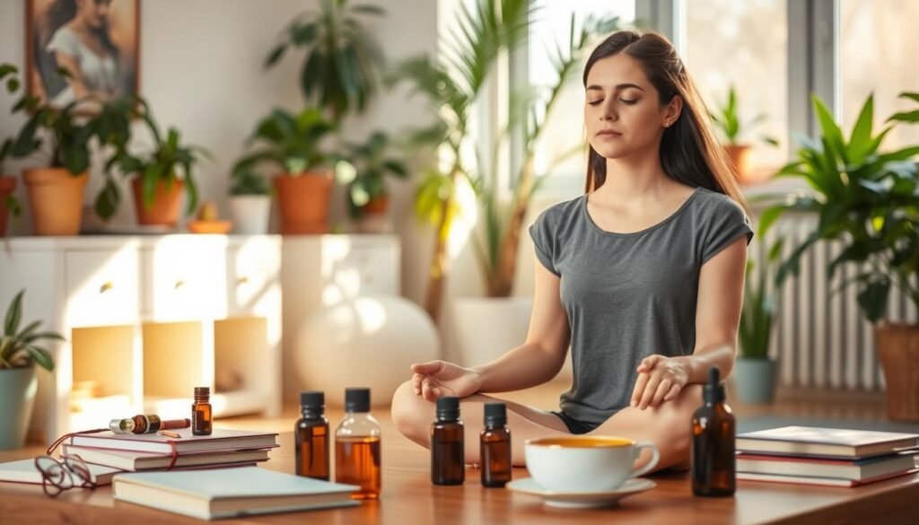 A vibrant and soothing scene showcasing a young woman surrounded by various self-care practices for emotional wellness. In the foreground, she sits cross-legged, eyes closed, hands resting on her knees as she meditates, bathed in soft, natural lighting. In the middle ground, a desk displays an assortment of journals, essential oils, and a cup of herbal tea. The background features a cozy, plant-filled living space, with a large window letting in warm, diffused sunlight. The overall atmosphere is calming, introspective, and conducive to mindfulness and relaxation.
