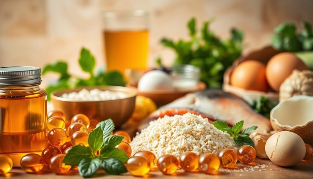 A vibrant, close-up photograph of collagen supplements and natural collagen-rich foods, shot with a sharp focus and warm, natural lighting. In the foreground, an array of gelatinous capsules, powders, and liquid supplements in various hues of amber and gold. In the middle ground, a selection of fresh, colorful ingredients like bone broth, fish, eggs, and leafy greens. The background features a softly blurred, minimalist backdrop, emphasizing the nutrient-dense subject matter. The overall composition conveys the benefits of collagen consumption for joint health, skin elasticity, and overall wellness.