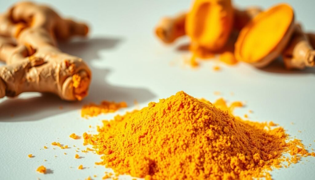 A vibrant, close-up photograph of freshly ground turmeric powder, its rich, golden hue illuminated by warm, natural lighting. In the foreground, the turmeric stands out against a clean, white background, its intricate texture and fine granules visible. In the middle ground, a few whole turmeric roots are arranged, their knotted and gnarled forms showcasing the spice's natural origins. The lighting casts subtle shadows, adding depth and dimension to the scene. The overall mood is one of warmth, wellness, and the powerful, anti-inflammatory properties of this ancient spice.