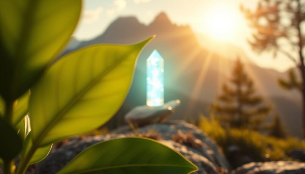 A vibrant, energizing scene depicting natural mental energy boosters. In the foreground, a vibrant green leaf, symbolizing the vitality of nature. In the middle ground, a glowing crystal, radiating an inner light, representing the power of meditation and mindfulness. In the background, a serene mountain landscape, bathed in warm, golden sunlight, conveying a sense of peace and clarity. The lighting is soft and diffused, creating a calming, yet uplifting atmosphere. The camera angle is slightly elevated, allowing the viewer to take in the full scene. The overall composition is balanced and harmonious, inviting the viewer to pause and reflect on the restorative power of natural elements.