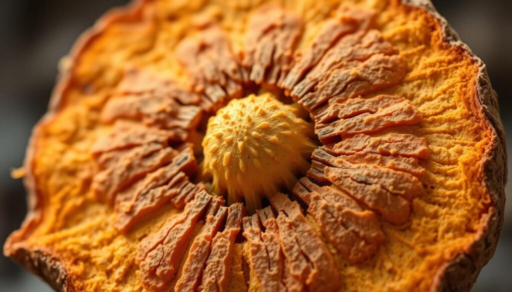 A vibrant, energy-infused closeup of a maca root, its earthy brown skin textured and its interior a rich, golden hue. The root is set against a softly blurred background, allowing the viewer to focus on its powerful essence. Soft, natural lighting illuminates the maca's surface, highlighting its inherent vitality. The composition is balanced, drawing the eye to the root's center, conveying a sense of grounded, nourishing energy. The mood is one of calm, centered radiance - a visual embodiment of the maca's ability to support hormonal balance and overall wellbeing in women over 35.