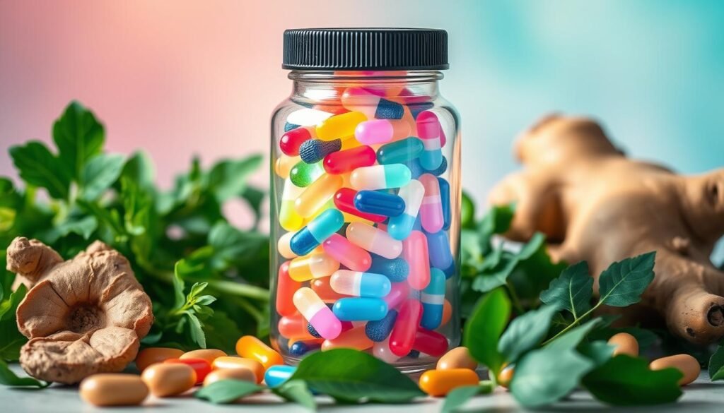 A vibrant glass jar filled with colorful probiotic capsules, surrounded by fresh leafy greens, ginger root, and other gut-healthy ingredients. The jar is illuminated by soft, natural lighting, casting a warm glow on the scene. In the background, a soothing, pastel-colored gradient provides a calming and inviting atmosphere. The composition is balanced, with the probiotic jar taking center stage, conveying the importance of gut health for overall wellness. A vibrant glass jar filled with colorful probiotic capsules, surrounded by fresh leafy greens, ginger root, and other gut-healthy ingredients. The jar is illuminated by soft, natural lighting, casting a warm glow on the scene. In the background, a soothing, pastel-colored gradient provides a calming and inviting atmosphere. The composition is balanced, with the probiotic jar taking center stage, conveying the importance of gut health for overall wellness.
