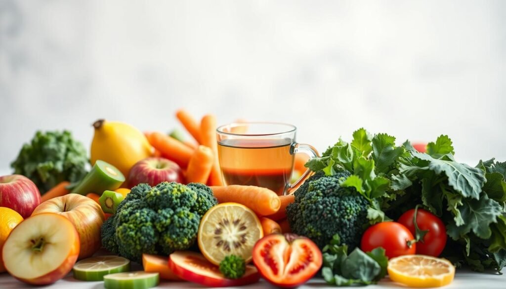 A vibrant, high-resolution photograph of a variety of fresh, colorful fruits and vegetables against a clean, light background. In the foreground, an arrangement of different whole and sliced fruits and vegetables, including apples, carrots, broccoli, and leafy greens. In the middle ground, a glass of water and a cup of herbal tea, symbolizing the importance of hydration. The background is softly blurred, allowing the produce to take center stage. The lighting is natural and slightly diffused, creating a warm, inviting atmosphere. The overall scene conveys the concept of the benefits of fiber for gut health and overall well-being.