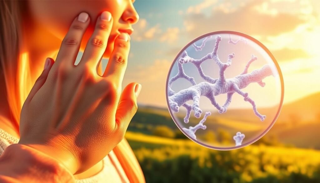 A vibrant illustration showcasing the benefits of collagen for skin and joints. In the foreground, a close-up of a woman's hand, the skin glowing with a healthy, youthful radiance. In the middle ground, a detailed rendering of collagen fibers, their intricate structure visible under a high-resolution microscope lens. The background features a serene, natural landscape, with lush greenery and a calming sky, symbolizing the holistic, restorative properties of collagen. Warm, diffused lighting bathes the scene, creating a soothing, inviting atmosphere. The overall composition conveys the message of collagen's ability to support both skin health and joint function, a vital supplement for women over 35. A vibrant illustration showcasing the benefits of collagen for skin and joints. In the foreground, a close-up of a woman's hand, the skin glowing with a healthy, youthful radiance. In the middle ground, a detailed rendering of collagen fibers, their intricate structure visible under a high-resolution microscope lens. The background features a serene, natural landscape, with lush greenery and a calming sky, symbolizing the holistic, restorative properties of collagen. Warm, diffused lighting bathes the scene, creating a soothing, inviting atmosphere. The overall composition conveys the message of collagen's ability to support both skin health and joint function, a vital supplement for women over 35.