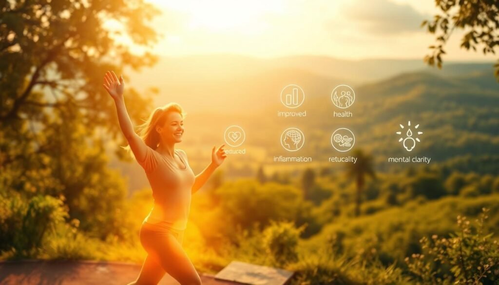 A vibrant, photorealistic illustration of the health benefits of intermittent fasting. In the foreground, a glowing, energetic person exercises with a serene expression, surrounded by a halo of light. In the middle ground, various icons representing improved metabolic health, reduced inflammation, and mental clarity float in a soft, pastel-colored atmosphere. The background features a panoramic view of a lush, verdant landscape, conveying a sense of holistic wellbeing. The entire scene is bathed in warm, golden lighting, creating a tranquil, uplifting mood. The image should be captured with a wide-angle lens to emphasize the expansive, harmonious composition.