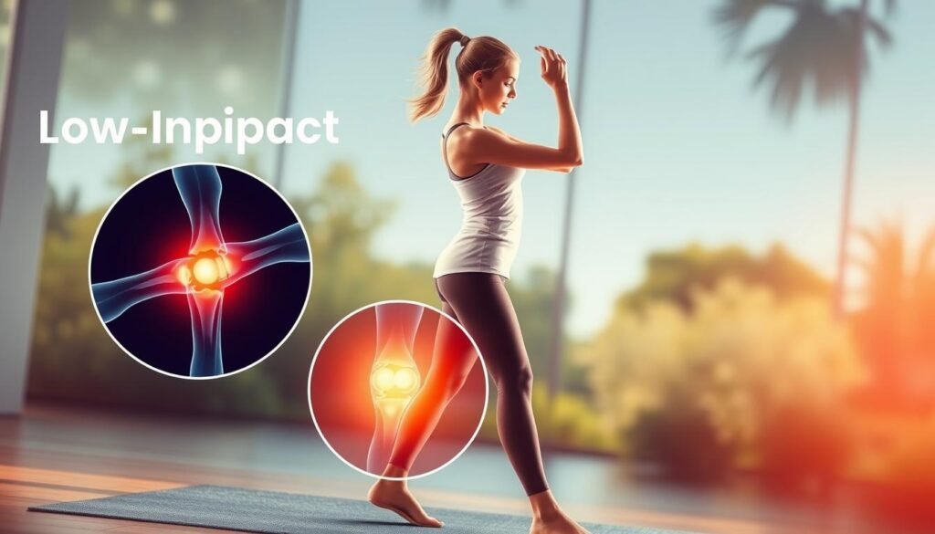 A vibrant, realistic illustration showcasing the benefits of low-impact exercises for joint protection. In the foreground, a graceful woman in workout attire performs a gentle, low-impact exercise, her movements fluid and controlled. The middle ground features a close-up view of her joints, highlighted by a subtle glow, illustrating the protective effects of the exercise. The background depicts a serene, nature-inspired setting, with soft lighting and a calming color palette, evoking a sense of balance and well-being. The overall composition conveys the idea of joint-friendly workouts that burn fat without stress or strain.