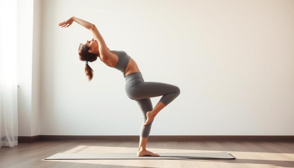 A vibrant scene of a woman powerfully performing a yoga pose, her body in a graceful arc as she balances on one leg, the other extended behind her. Soft, natural lighting illuminates her focused expression and the gentle curves of her limbs. The background is a serene, minimalist space with a neutral palette, allowing the subject to take center stage. The overall mood is one of calm determination and mental clarity, capturing the essence of mind-body connection through movement.