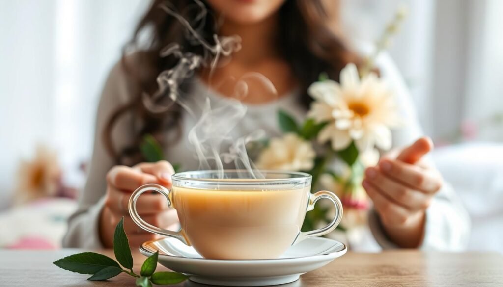 A vibrant, softly lit scene of herbal tea effects on the body. In the foreground, a delicate teacup filled with steaming aromatic tea, its steam wafting upwards. In the middle ground, a woman's hands gently holding the teacup, her expression relaxed and serene. The background features a lush, calming floral arrangement, hinting at the soothing botanicals infused in the tea. Soft, diffused lighting illuminates the scene, creating a sense of tranquility. The overall mood is one of calm, comfort, and the subtle yet powerful effects of herbal teas on the body's hormonal balance.