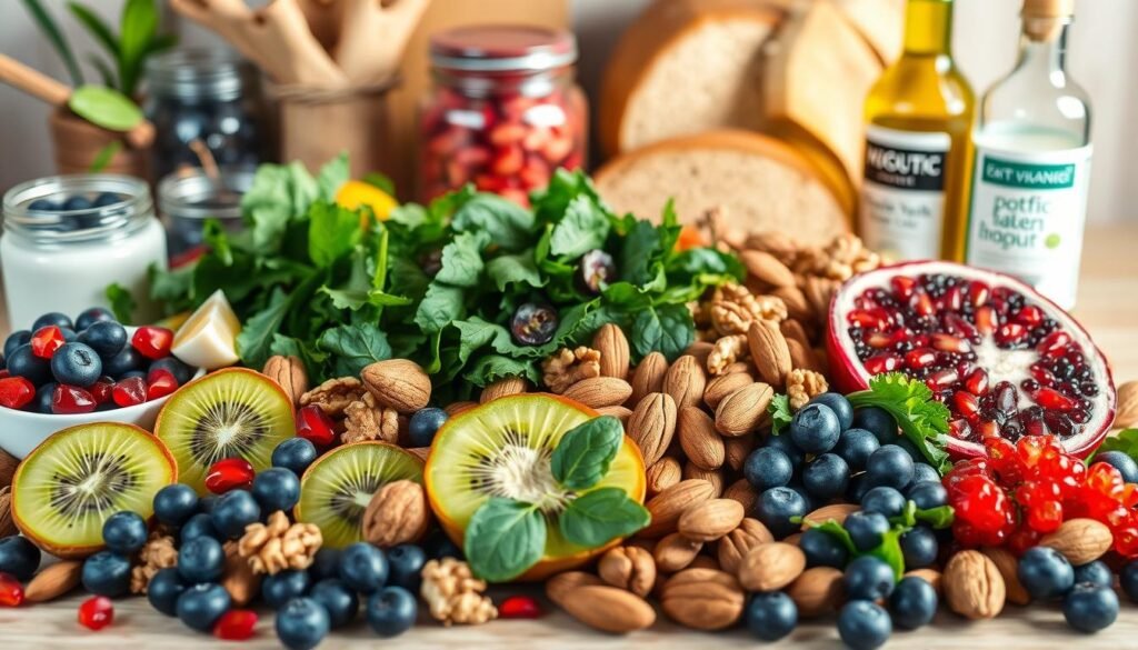 A vibrant still life arrangement showcasing an assortment of nutrient-dense foods that support healthy aging. In the foreground, a variety of colorful fruits such as blueberries, pomegranate seeds, and sliced kiwi are arranged with precision. In the middle ground, leafy greens like spinach and kale, along with crunchy walnuts and almonds, are displayed. The background features jars of probiotic-rich yogurt, whole-grain breads, and a bottle of extra virgin olive oil, highlighting the importance of a balanced diet rich in antioxidants, healthy fats, and gut-supporting nutrients. The lighting is soft and natural, creating a warm, inviting atmosphere that emphasizes the vibrant colors and textures of the ingredients. Captured from a slightly elevated angle to showcase the entire spread, this image conveys the beauty and abundance of a nutritious, anti-aging focused meal. A vibrant still life arrangement showcasing an assortment of nutrient-dense foods that support healthy aging. In the foreground, a variety of colorful fruits such as blueberries, pomegranate seeds, and sliced kiwi are arranged with precision. In the middle ground, leafy greens like spinach and kale, along with crunchy walnuts and almonds, are displayed. The background features jars of probiotic-rich yogurt, whole-grain breads, and a bottle of extra virgin olive oil, highlighting the importance of a balanced diet rich in antioxidants, healthy fats, and gut-supporting nutrients. The lighting is soft and natural, creating a warm, inviting atmosphere that emphasizes the vibrant colors and textures of the ingredients. Captured from a slightly elevated angle to showcase the entire spread, this image conveys the beauty and abundance of a nutritious, anti-aging focused meal.