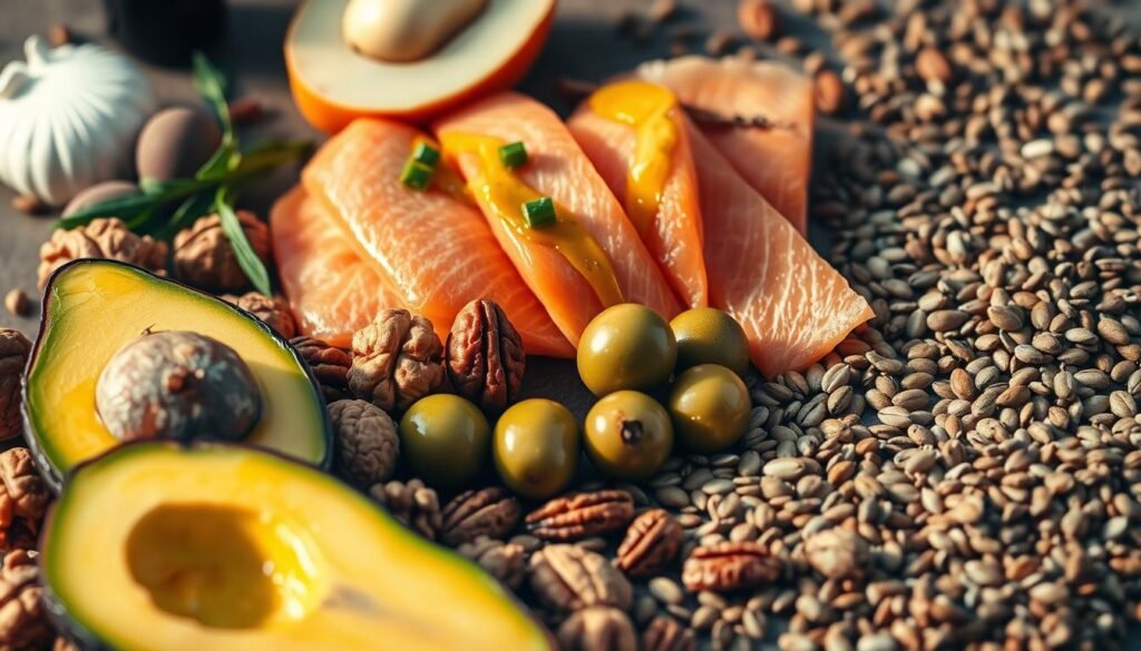 A vibrant still life depicting an assortment of healthy fats. In the foreground, a golden avocado half, its flesh glistening, is nestled among a scattering of shelled walnuts and pecans. In the middle ground, slices of creamy salmon, drizzled with a vibrant green olive oil, are arranged alongside a handful of plump olives. The background features a scattering of chia seeds, flaxseeds, and sunflower seeds, all bathed in warm, natural lighting that casts a soft, nourishing glow. The composition evokes a sense of balance, vitality, and the richness of nature's wholesome offerings. A vibrant still life depicting an assortment of healthy fats. In the foreground, a golden avocado half, its flesh glistening, is nestled among a scattering of shelled walnuts and pecans. In the middle ground, slices of creamy salmon, drizzled with a vibrant green olive oil, are arranged alongside a handful of plump olives. The background features a scattering of chia seeds, flaxseeds, and sunflower seeds, all bathed in warm, natural lighting that casts a soft, nourishing glow. The composition evokes a sense of balance, vitality, and the richness of nature's wholesome offerings.