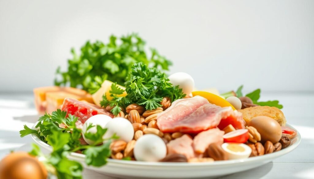 A vibrant still life highlighting the key elements of protein and hormone health. In the foreground, a plate filled with a diverse array of protein-rich foods, including lean meats, eggs, nuts, and legumes, artfully arranged with natural lighting casting soft shadows. In the middle ground, clusters of fresh herbs and leafy greens, symbolizing the importance of a nutrient-dense diet. The background features a clean, minimalist backdrop, allowing the subject to take center stage. The overall composition conveys a sense of balance, nourishment, and wellness, complementing the article's focus on achieving hormonal equilibrium through whole, unprocessed foods. Soft, warm tones and a slight depth of field create an inviting, appetizing atmosphere.