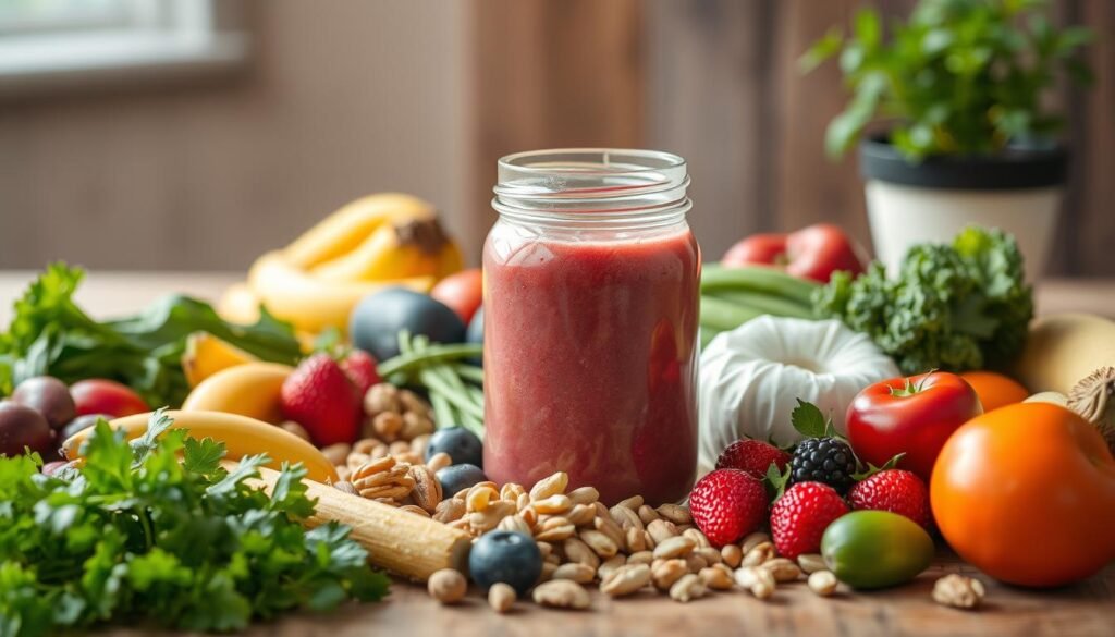 A vibrant still life showcasing a variety of fresh, wholesome ingredients arranged on a wooden table. In the foreground, an assortment of colorful fruits and vegetables, such as crisp greens, juicy berries, and crunchy nuts, are carefully positioned. In the middle ground, a glass jar filled with a nutritious smoothie or juice takes center stage, its vibrant hue reflecting the healthy goodness within. The background features a softly lit, natural setting, with a potted plant or herb adding a touch of greenery to the scene. The overall composition conveys a sense of balance, nourishment, and a tranquil atmosphere, embodying the concept of "Healthy Eating for a Healthy Mind."