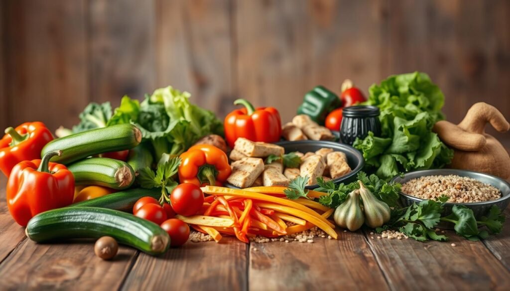 A vibrant still life showcasing an assortment of low FODMAP foods on a rustic wooden table. In the foreground, a variety of fresh vegetables such as zucchini, bell peppers, and leafy greens are arranged elegantly. In the middle ground, some lean protein options like grilled chicken or tofu are present, accompanied by whole grains like quinoa or brown rice. The background features a subtle, warm lighting that casts a gentle glow over the scene, creating a cozy and inviting atmosphere. The image conveys a sense of nourishment and digestive wellness, perfect for illustrating a section on low FODMAP foods.