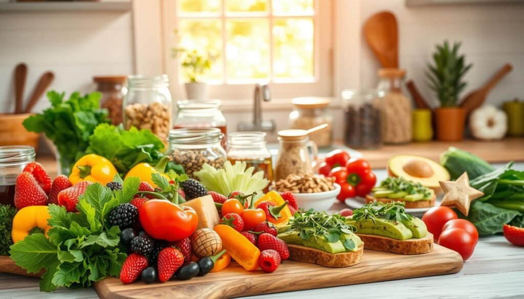 A vibrant, sun-dappled kitchen counter overflowing with a bountiful array of hormone-friendly foods. In the foreground, a wooden cutting board hosts a colorful assortment of fresh fruits and vegetables - juicy berries, crisp leafy greens, and vibrant bell peppers. Behind them, a row of glass jars filled with nuts, seeds, and whole grains, complemented by a jar of natural honey. In the middle ground, a pitcher of infused water and a plate of avocado toast, garnished with a sprinkle of microgreens. The background features an open window, allowing warm natural light to stream in and highlight the nourishing spread. The scene conveys a sense of abundance, wellness, and a holistic approach to supporting hormonal health through mindful nutrition.