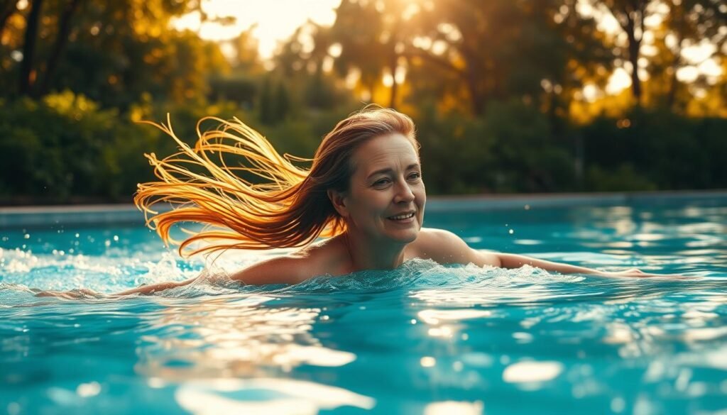 A vibrant swimming scene with a middle-aged woman gliding effortlessly through the water, her long hair flowing behind her. The pool is surrounded by lush greenery, creating a serene, natural atmosphere. Warm, golden sunlight filters through the trees, casting a gentle glow on the water's surface. The woman's movements are graceful and powerful, demonstrating the low-impact, fat-burning benefits of swimming. The camera captures her from a slightly elevated angle, emphasizing the tranquility and therapeutic nature of this exercise. The overall mood is one of calm, rejuvenation, and a celebration of the joys of fitness for women over 35. A vibrant swimming scene with a middle-aged woman gliding effortlessly through the water, her long hair flowing behind her. The pool is surrounded by lush greenery, creating a serene, natural atmosphere. Warm, golden sunlight filters through the trees, casting a gentle glow on the water's surface. The woman's movements are graceful and powerful, demonstrating the low-impact, fat-burning benefits of swimming. The camera captures her from a slightly elevated angle, emphasizing the tranquility and therapeutic nature of this exercise. The overall mood is one of calm, rejuvenation, and a celebration of the joys of fitness for women over 35.