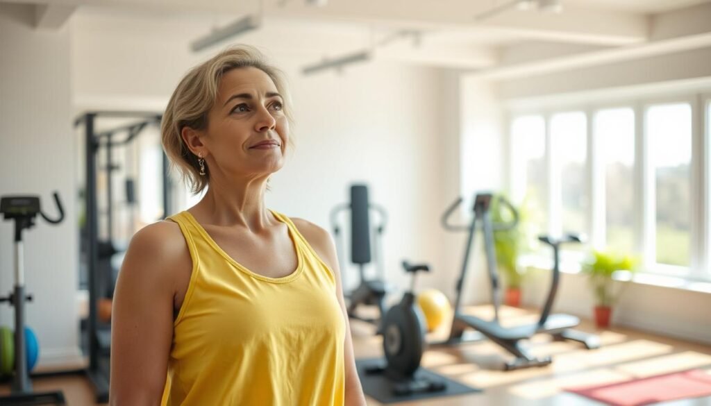 A vibrant, well-lit interior scene showcasing a woman in her mid-30s standing in a home gym, thoughtfully considering her exercise regime. The foreground features her in comfortable, modest workout attire, her expression conveying a sense of balance and mindfulness. The middle ground depicts various fitness equipment, arranged in a harmonious, uncluttered manner. The background showcases natural lighting streaming through large windows, creating a calming, serene atmosphere. The overall mood emphasizes the importance of tailoring one's workout routine to support hormonal health, rather than pushing oneself to the point of overtraining.