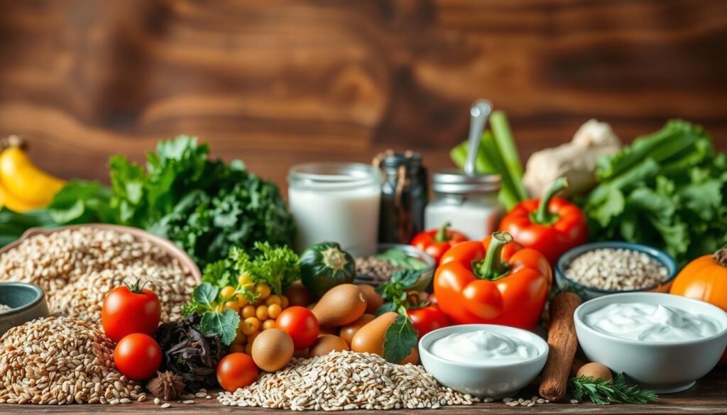 A visually appealing still life arrangement showcasing an assortment of nutritious, colorful foods against a warm, natural background. In the foreground, a variety of whole grains, such as quinoa, brown rice, and oats, are neatly arranged alongside an array of fresh vegetables, including leafy greens, bell peppers, and tomatoes. In the middle ground, a selection of probiotic-rich foods, such as yogurt, kefir, and fermented vegetables, are strategically placed to create a balanced and inviting composition. The background features a wooden surface or rustic table, accentuating the earthy, wholesome atmosphere. Soft, diffused lighting illuminates the scene, highlighting the vibrant colors and natural textures of the ingredients. The overall mood is one of warmth, nourishment, and well-being, perfectly capturing the essence of the "Best Foods for Gut Health" section.
