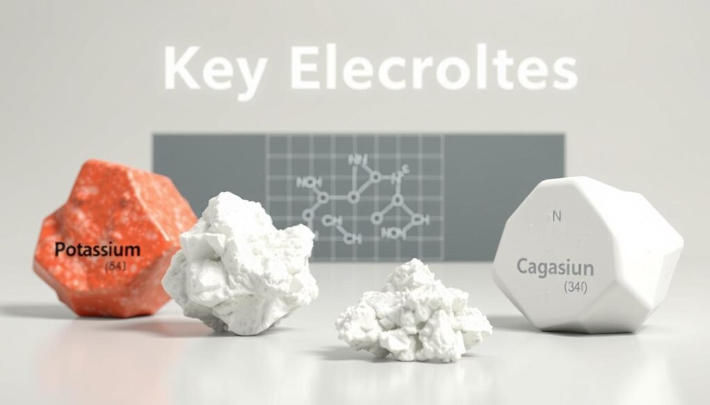 A visually striking and informative illustration of the key electrolytes - sodium, potassium, calcium, and magnesium - presented against a clean, scientific backdrop. The minerals are shown in the foreground, their chemical compositions and roles in the body highlighted through clean, detailed 3D renderings. The middle ground features a subtle grid or molecular diagram, hinting at the complex interplay of these essential nutrients. The background is a soft, muted gradient, lending a sense of balance and focus to the central elements. Lighting is bright and even, accentuating the clarity and importance of the subject matter. The overall aesthetic is one of educational authority, conveying the vital nature of electrolyte health, particularly for those over 35.