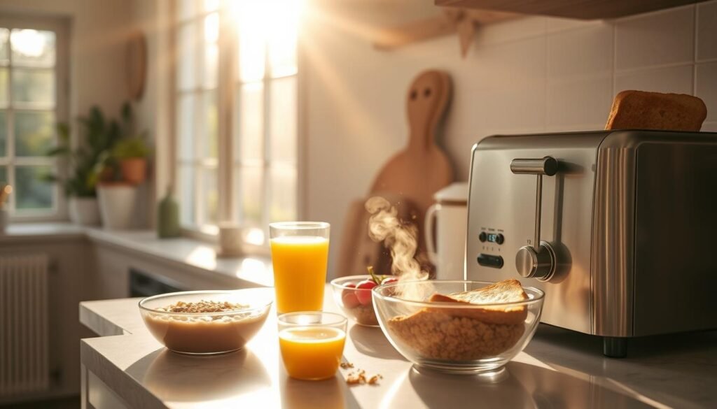 A warm and inviting kitchen, filled with the aroma of freshly baked goods and the sound of a timer ticking. On the counter, a fiber-rich breakfast spread, including a steaming bowl of oatmeal, a glass of orange juice, and a sprinkle of chia seeds. Sunlight streams in through large windows, casting a soft, golden glow over the scene. A sleek, stainless steel toaster oven sits nearby, its timer counting down the minutes until the perfect toast is ready. The overall atmosphere is one of calmness and mindfulness, encouraging the viewer to slow down and savor the moment. A warm and inviting kitchen, filled with the aroma of freshly baked goods and the sound of a timer ticking. On the counter, a fiber-rich breakfast spread, including a steaming bowl of oatmeal, a glass of orange juice, and a sprinkle of chia seeds. Sunlight streams in through large windows, casting a soft, golden glow over the scene. A sleek, stainless steel toaster oven sits nearby, its timer counting down the minutes until the perfect toast is ready. The overall atmosphere is one of calmness and mindfulness, encouraging the viewer to slow down and savor the moment.