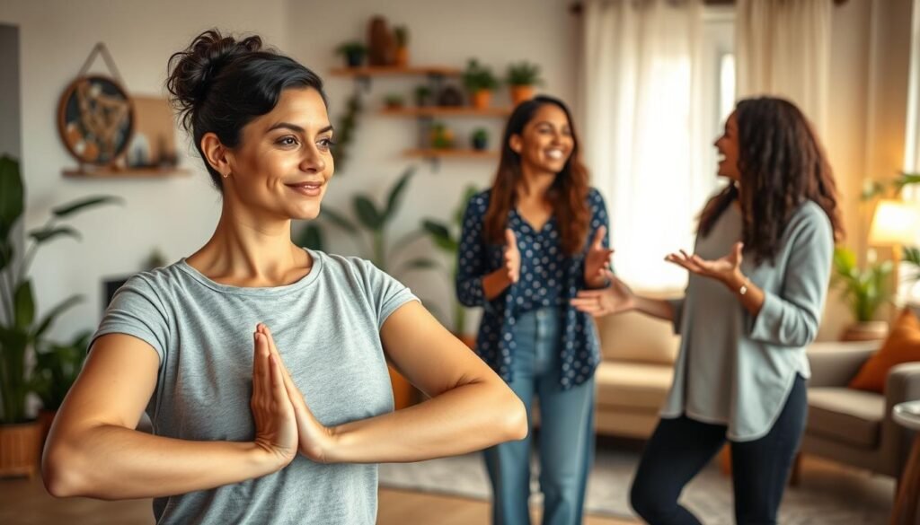 A warm and supportive scene depicting a group of diverse women engaged in various mind-body wellness activities. The foreground features a woman doing gentle yoga poses, her expression serene. In the middle ground, two women are engaged in a friendly conversation, gesturing animatedly. The background showcases a cozy, inviting space with soft lighting, plants, and comfortable seating areas, conveying a sense of community and care. The overall mood is relaxed, nurturing, and empowering, reflecting the idea of a "support plan" for rebuilding body confidence.