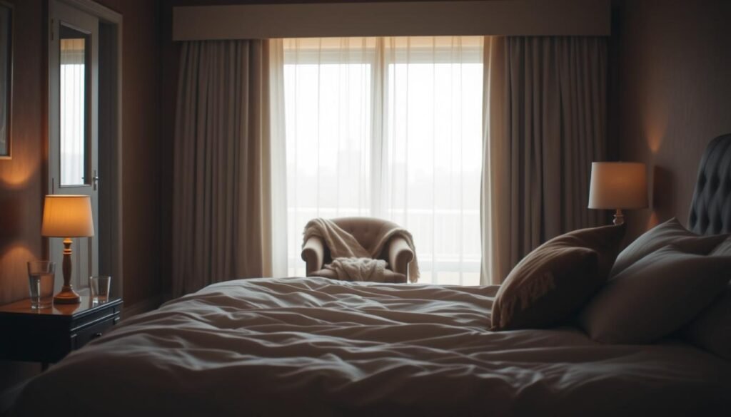 A warm, dimly lit bedroom with a plush, inviting bed in the foreground. On the nightstand, a glass of water, a small lamp, and a book. In the middle ground, a comfortable armchair with a soft blanket draped over it, creating a cozy reading nook. The background features a large window with sheer curtains, allowing a soft, diffused natural light to filter in, casting a soothing glow throughout the space. A sense of tranquility and relaxation permeates the scene, setting the stage for a restful, low-stimulation bedtime routine.