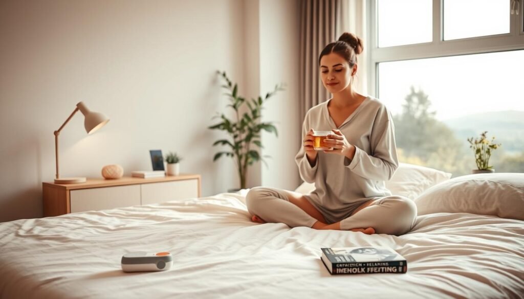 A warm, peaceful bedroom scene showcasing lifestyle changes for better sleep. In the foreground, a woman in comfortable, modest sleepwear sits cross-legged on a plush, king-size bed, a cup of herbal tea in hand. Soft, diffused lighting from a bedside lamp creates a calming atmosphere. The middle ground features a minimalist nightstand with a sleep-tracking device, a book on sleep hygiene, and a small potted plant. In the background, a large window overlooks a serene, nature-inspired landscape, hinting at the restorative power of the outdoors. The overall mood is one of tranquility, self-care, and intentional habits for a good night's rest.