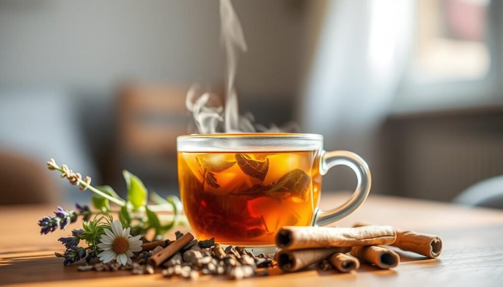 A warm, soothing cup of herbal tea on a wooden table, shot from an eye-level perspective with a shallow depth of field. Soft natural lighting illuminates the steam rising from the translucent ceramic mug, highlighting the vibrant hues of the tea leaves infusing the water. In the foreground, the mug is surrounded by a selection of dried herbs and spices, such as lavender, chamomile, and cinnamon sticks, suggesting the restorative properties of the blend. The background is blurred, creating a sense of calm and focus on the therapeutic experience of drinking the tea. The overall mood is one of relaxation, balance, and quiet contemplation.