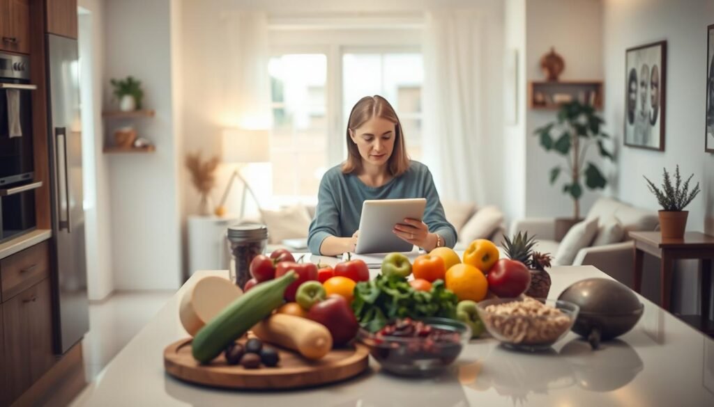 A warm, well-lit interior setting with a sleek, modern kitchen in the foreground. On the kitchen counter, a selection of healthy foods - fresh fruits, vegetables, and whole grains - are neatly arranged, conveying a sense of balance and mindfulness. In the middle ground, a woman in her late 30s sits at a table, her expression thoughtful as she reviews information on her tablet, representing the importance of safety and research when considering intermittent fasting. The background features a cozy living area, with soft lighting and natural accents, creating an atmosphere of comfort and wellness. The overall scene aims to convey the idea of a safe, informed, and holistic approach to intermittent fasting for individuals over 35.