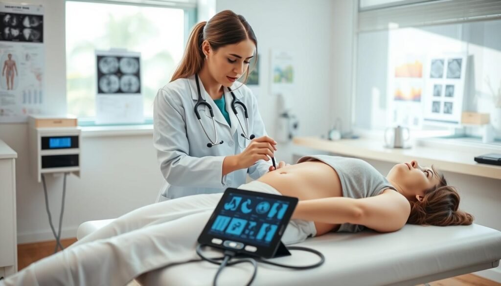 A well-equipped medical examination room with bright, natural lighting. In the foreground, a doctor in a white coat carefully palpates the abdomen of a patient lying on an examination table, their face expressing discomfort from bloating. The middle ground features various medical instruments and supplies, including a stethoscope, blood pressure cuff, and a tablet displaying diagnostic images. The background showcases medical posters and charts, conveying a sense of professionalism and expertise. The scene evokes a clinical yet compassionate atmosphere, where the doctor is thoroughly evaluating the patient's condition to provide the necessary medical care for their bloating.