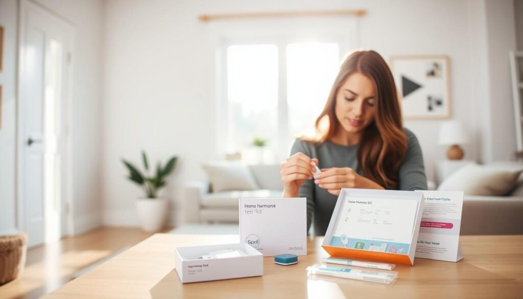 A well-lit, airy home setting with a clean, minimalist aesthetic. In the foreground, a person sitting at a desk, examining the contents of a home hormone test kit. The kit and its components are displayed prominently, showcasing the convenience and accessibility of at-home testing. In the middle ground, a large window provides natural lighting, casting a warm glow on the scene. The background features muted, calming colors and simple decor, creating a sense of tranquility and focus. The overall mood is one of empowerment, education, and the benefits of taking control of one's health through the use of innovative, at-home diagnostic tools.