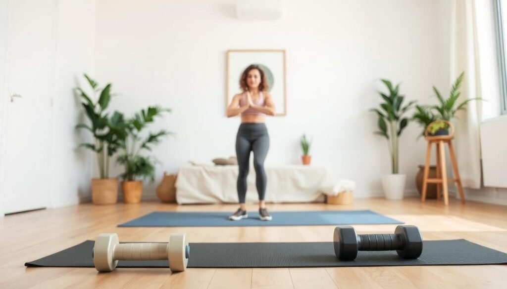 A well-lit and airy home gym setting, with a clean, minimalist aesthetic. In the foreground, a beginner-level circuit training setup: a yoga mat, a pair of lightweight dumbbells, and a resistance band neatly arranged. The middle ground features a woman in her mid-30s, wearing comfortable, modest workout attire, demonstrating a simple strength training exercise with proper form. The background has a calming, natural element, such as a potted plant or a framed artwork, creating a balanced and inviting atmosphere. The lighting is soft and diffused, highlighting the simplicity and accessibility of this beginner-friendly home workout. A well-lit and airy home gym setting, with a clean, minimalist aesthetic. In the foreground, a beginner-level circuit training setup: a yoga mat, a pair of lightweight dumbbells, and a resistance band neatly arranged. The middle ground features a woman in her mid-30s, wearing comfortable, modest workout attire, demonstrating a simple strength training exercise with proper form. The background has a calming, natural element, such as a potted plant or a framed artwork, creating a balanced and inviting atmosphere. The lighting is soft and diffused, highlighting the simplicity and accessibility of this beginner-friendly home workout.