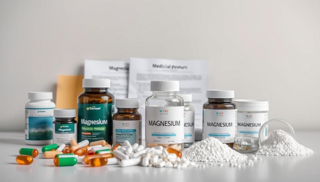 A well-lit and informative image of magnesium supplements against a clean, professional backdrop. The foreground features an assortment of magnesium capsules, tablets, and powders, arranged neatly to showcase their variety. The middle ground includes subtly blurred medical references and research materials, hinting at the supplements' safety and efficacy. The background is a soft, neutral gradient, creating a sense of focus and tranquility. The overall mood is authoritative yet approachable, reflecting the importance of magnesium and the need for responsible supplementation. The image is captured with a high-quality camera lens, ensuring sharp details and accurate color representation.