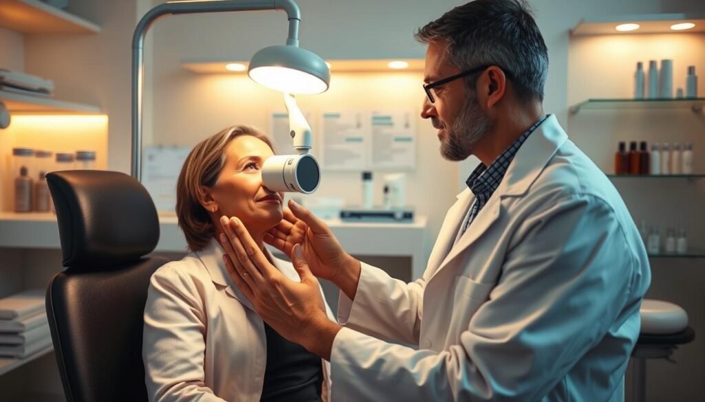 A well-lit clinical setting with a dermatologist in a white coat examining a patient's skin under a magnifying lamp. The patient, a woman over 35, sits comfortably as the dermatologist gently presses and examines her face, identifying areas of concern. In the background, medical charts, shelves of skincare products, and discreet diagnostic equipment create a professional, trustworthy atmosphere. Warm, directional lighting emphasizes the dermatologist's focused expression and the patient's tranquil demeanor, conveying a sense of personalized, expert care.