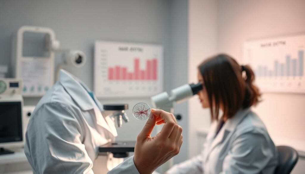 A well-lit clinical study setting with a woman in a lab coat examining a sample of hair under a microscope. The background features a clean, sterile environment with medical equipment and charts displaying hair growth data. The subject's face is obscured, focusing the attention on the hair sample and the scientific process. Soft, directional lighting casts shadows and highlights the details of the hair strands. The overall atmosphere conveys a sense of professionalism, attention to detail, and the rigor of clinical research.