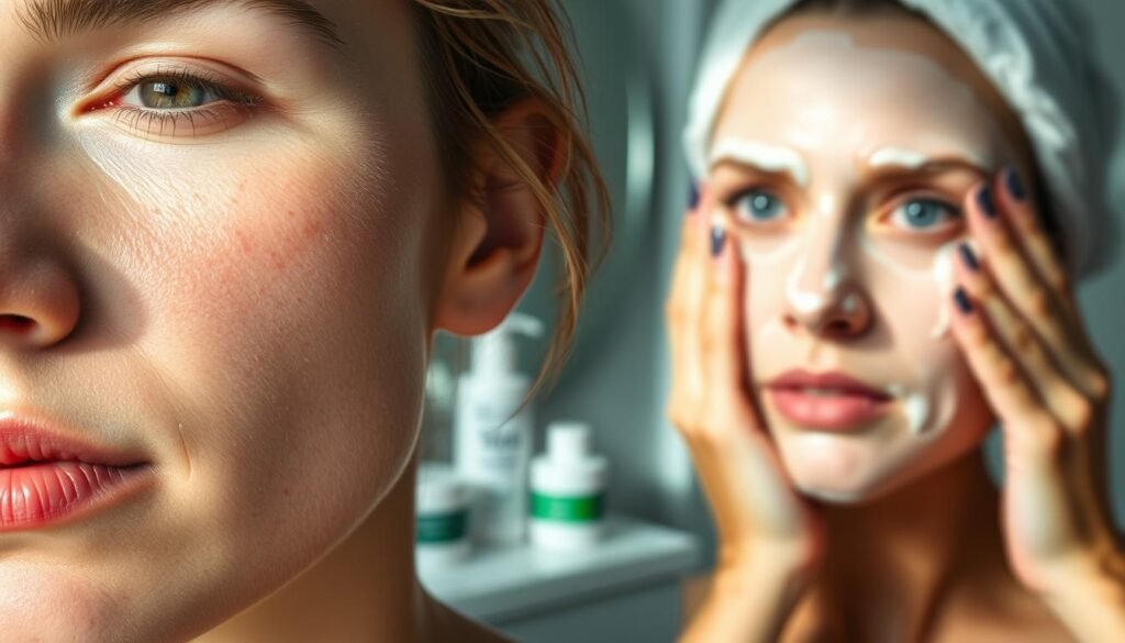 A well-lit close-up of a woman's face, highlighting common skin care mistakes that can trigger more breakouts. In the foreground, her skin shows signs of irritation, dryness, and enlarged pores. The middle ground features a cluttered vanity with an array of improper, harsh skincare products. In the background, a hazy, soft-focus image of the same woman applying a thick, drying face mask. The lighting is natural, with soft, diffused shadows emphasizing the textural imperfections. The overall mood is one of frustration and disappointment, conveying the negative consequences of common skincare blunders.