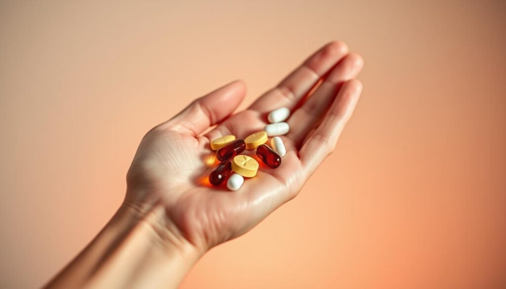 A well-lit, close-up photograph of a woman's hand gently holding various iron supplement capsules and tablets against a soft, blurred background. The foreground features the supplements arranged in a thoughtful, organized manner, conveying a sense of control and intention. The middle ground showcases the woman's hand, with long, delicate fingers gracefully displaying the supplements. The background is muted and ethereal, creating a sense of focus and tranquility. Soft, warm lighting casts a natural glow, emphasizing the thoughtful, mindful approach to supplementation. The overall mood is one of care, attention, and a holistic approach to women's health and energy levels.