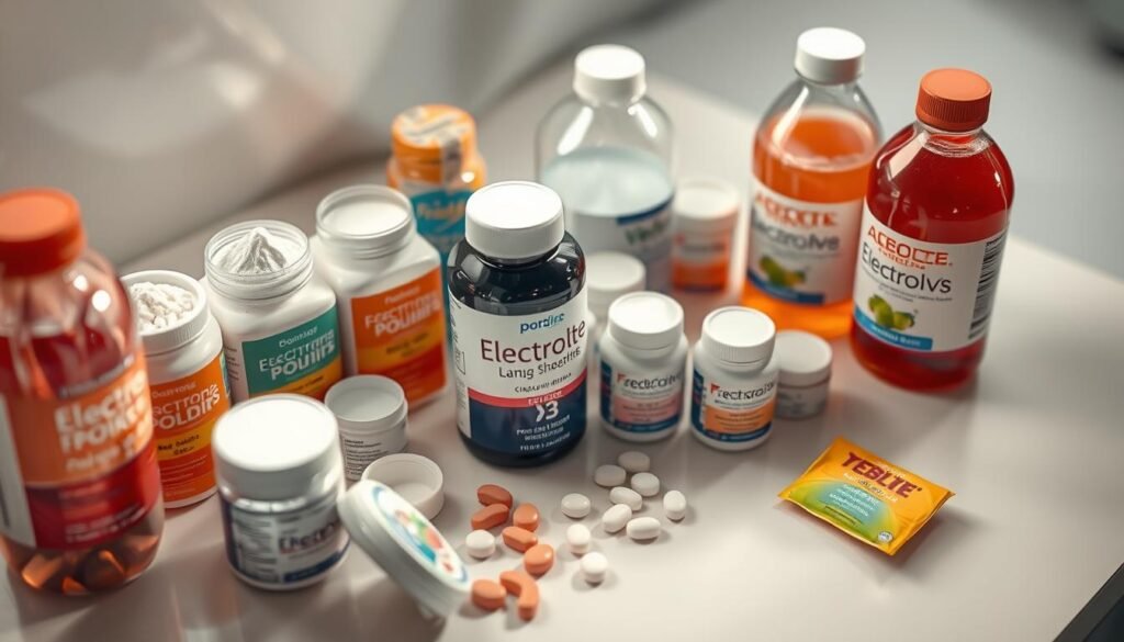 A well-lit, close-up photograph of an assortment of over-the-counter electrolyte supplements, including powdered mixes, tablets, and bottled fluids, arranged neatly on a clean, white surface. The lighting is soft and diffused, creating a warm, inviting atmosphere. The camera angle is slightly elevated, giving a birds-eye view of the products. The focus is sharp, highlighting the vibrant colors and textures of the various supplements. The overall composition conveys a sense of professionalism and attention to detail, suitable for use in a high-quality editorial publication.