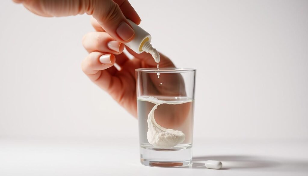 A well-lit, close-up scene of a hand carefully pouring a measured amount of probiotic powder from a capsule into a glass of water. The liquid gently swirls, capturing the light and creating a sense of visual interest. The background is clean and minimalistic, allowing the focal point of the dosing action to be the center of attention. The overall mood is one of precision, care, and attention to detail - reflecting the importance of proper probiotic supplementation for women's health. A well-lit, close-up scene of a hand carefully pouring a measured amount of probiotic powder from a capsule into a glass of water. The liquid gently swirls, capturing the light and creating a sense of visual interest. The background is clean and minimalistic, allowing the focal point of the dosing action to be the center of attention. The overall mood is one of precision, care, and attention to detail - reflecting the importance of proper probiotic supplementation for women's health.