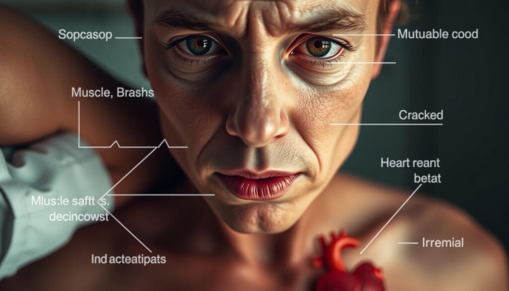 A well-lit close-up view of various electrolyte imbalance symptoms, including a pale, dehydrated face with sunken eyes, cracked lips, muscle spasms in the arm, and an irregular heartbeat in the chest. The scene has a slightly clinical atmosphere, with a neutral color palette and soft, diffused lighting to emphasize the medical nature of the subject. The image captures the key physical indicators of an electrolyte deficiency in a clear, detailed manner, providing a visual reference for the "Recognizing electrolyte imbalance: symptoms and conditions" section of the article.